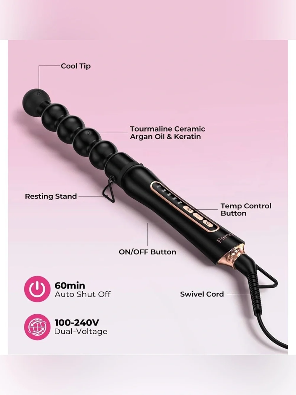 Farery 32mm Bubble Curling Wand Ceramic 5 Temp Dual Voltage NWT